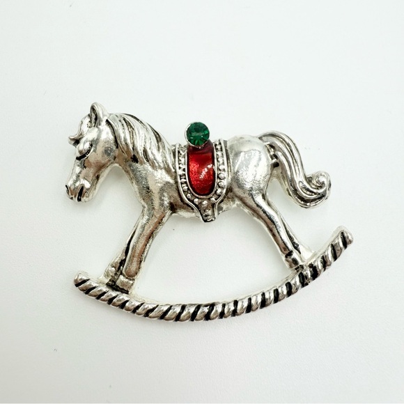 Vintage Cute Rocking Horse Christmas Holiday Silver Tone Metal Brooch - Picture 6 of 7
